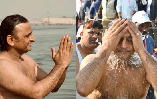 Akhilesh Yadav took a dip in the Ganga and took blessings from Jagadguru Shankaracharya Swami Avimukteshwarananda Saraswati